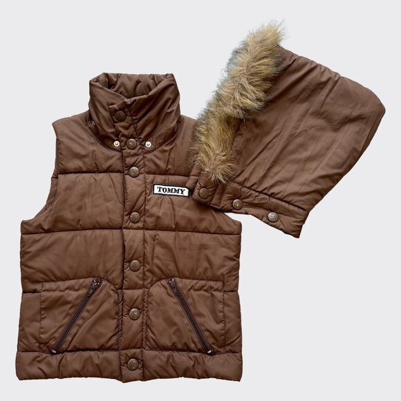 Tommy Jeans Vintage Brown Padded Vest Faux Fur Hood Removable Size S - Picture 12 of 15